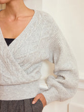 Cable Knit Wrap V-Neck Balloon Sleeve Sweater